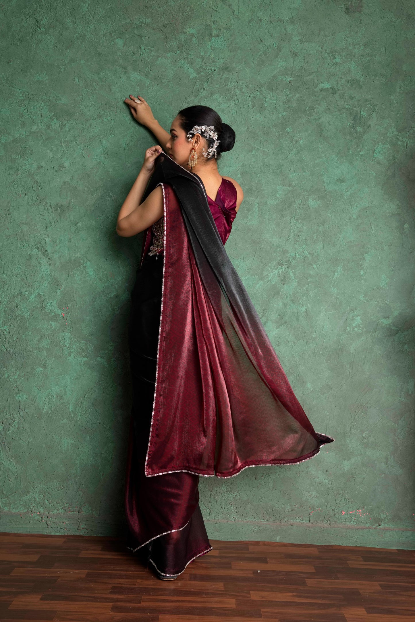 RARIZA SEQUIN EMBELLISHED WINE SAREE
