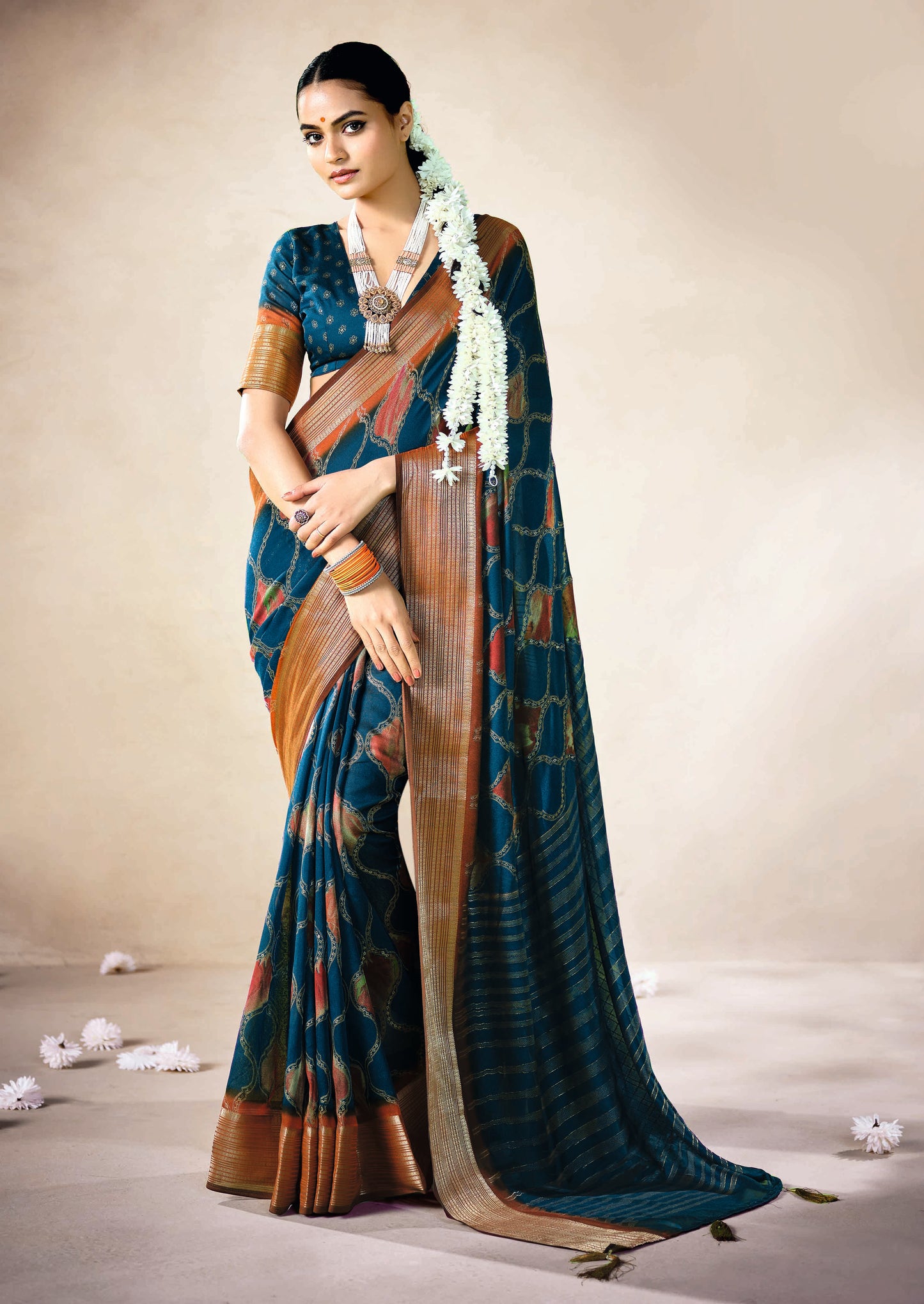 EMERALD TEAL BANDHEJ SAREE