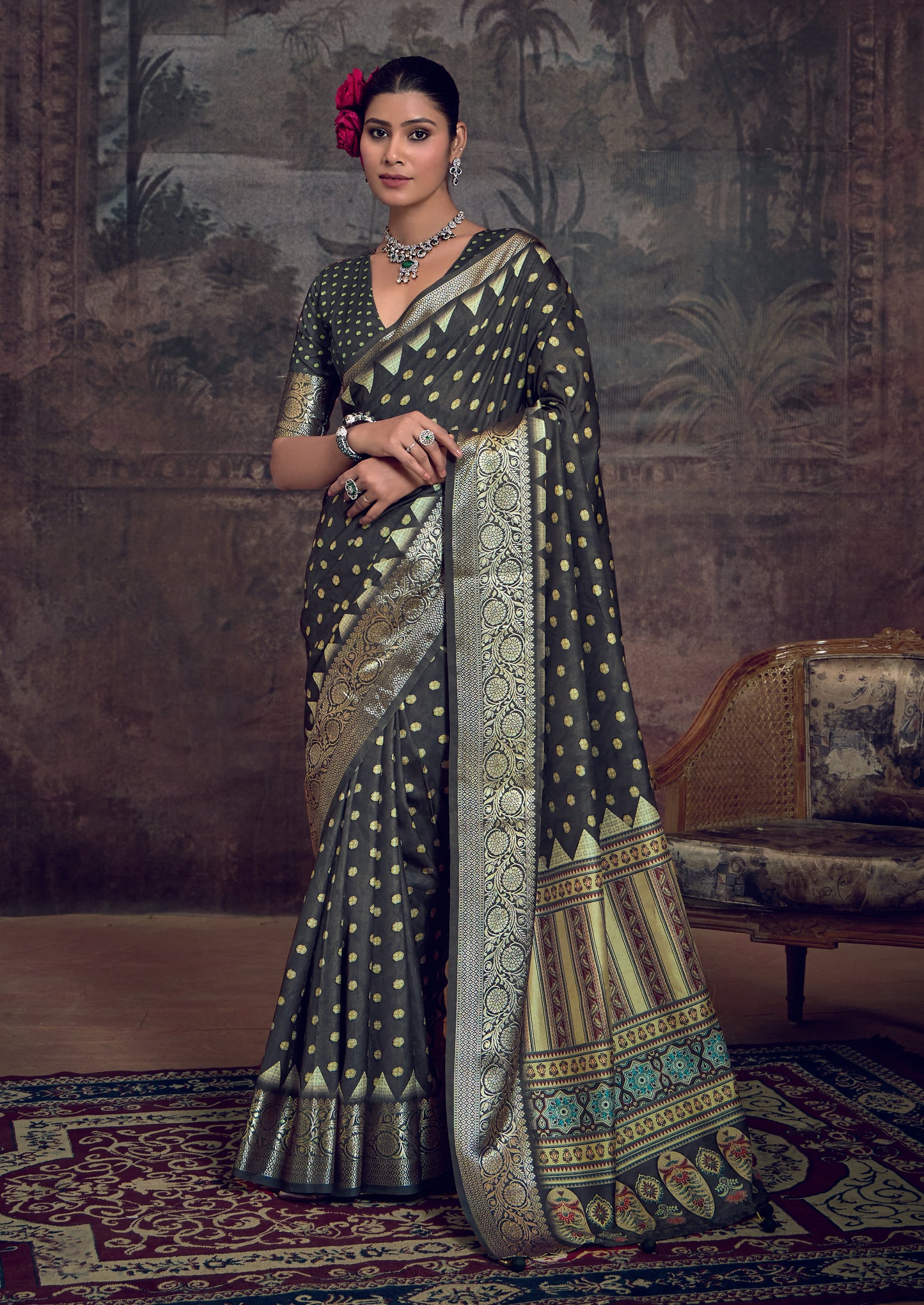 MIDNIGHT CHARCOAL BANARASI SILK SAREE