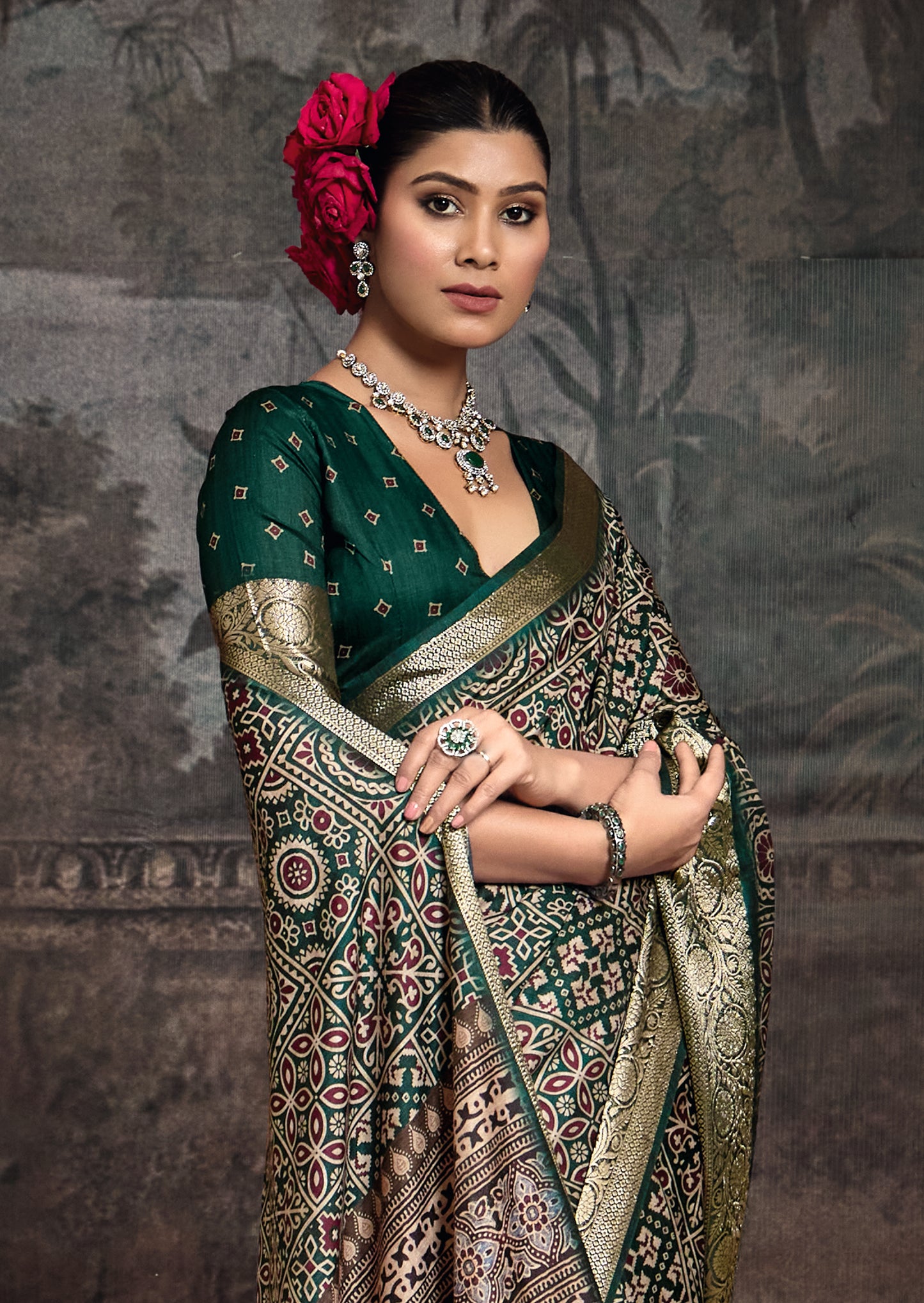 ROYAL EMERALD GEOMETRIC SILK SAREE