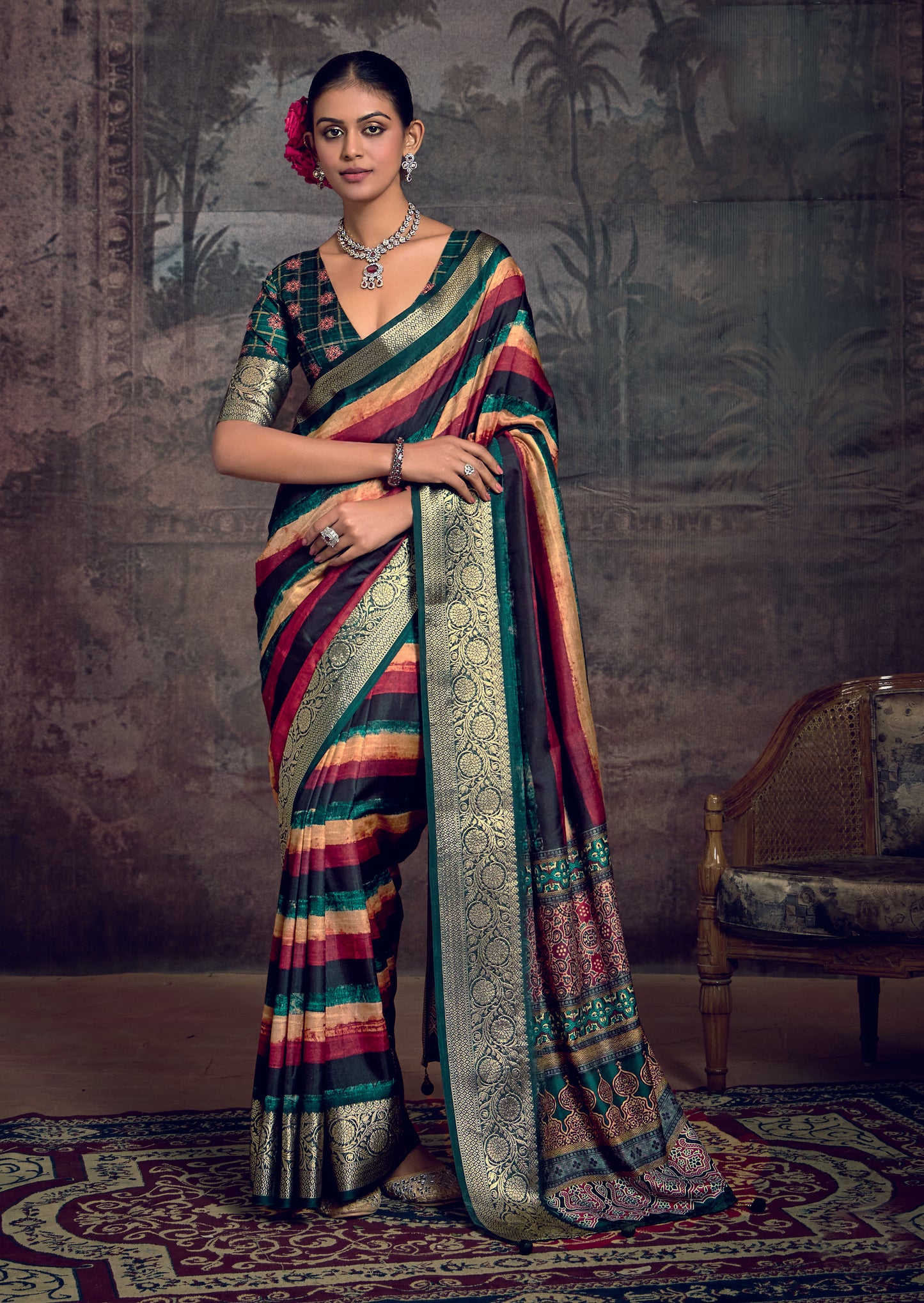 JEWEL-TONED MULTI-STRIPE SILK SAREE