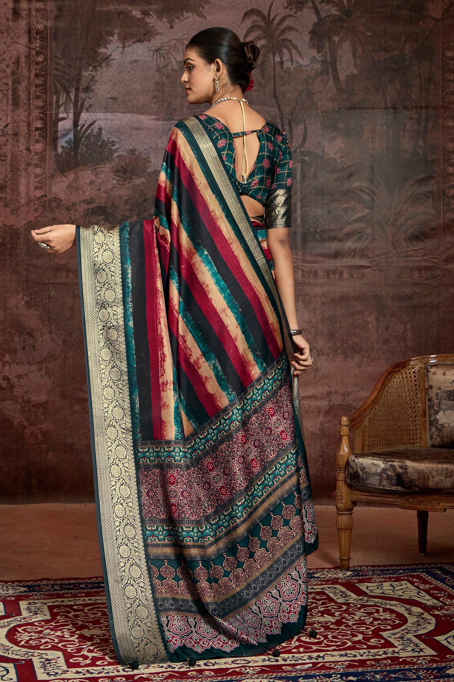JEWEL-TONED MULTI-STRIPE SILK SAREE