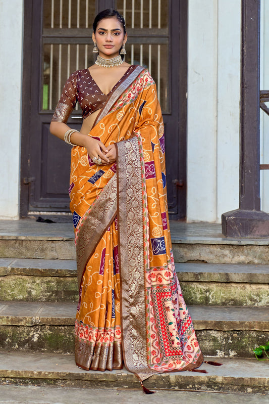 GOLDEN MUSTARD BANDHANI SILK SAREE