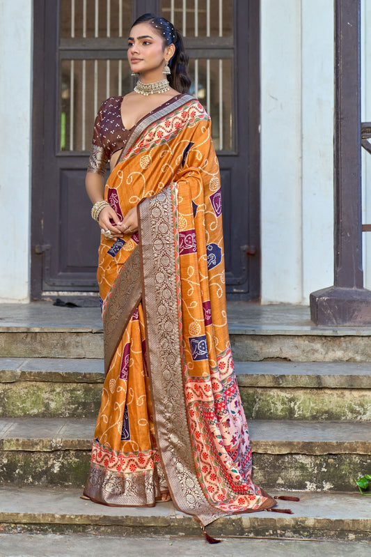 GOLDEN MUSTARD BANDHANI SILK SAREE