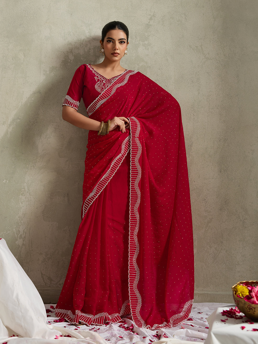ROYAL CRIMSON SCALLOPED SAREE