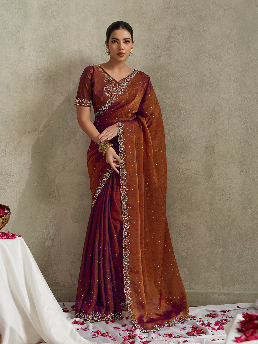 DUAL-TONE COPPER & PLUM FESTIVE SAREE