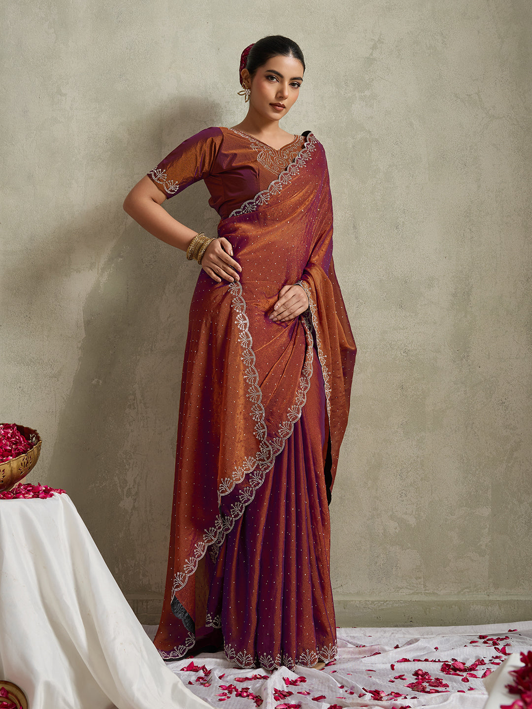 DUAL-TONE COPPER & PLUM FESTIVE SAREE