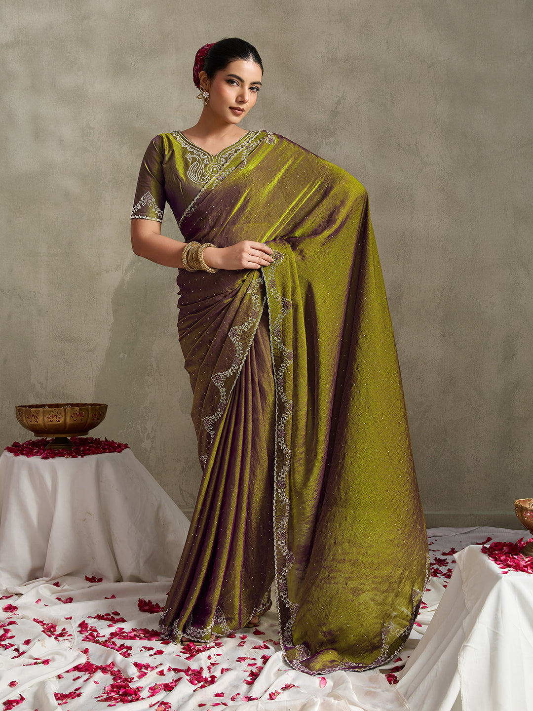 ENCHANTED CHARTREUSE & GRAPE DUAL-TONE SAREE