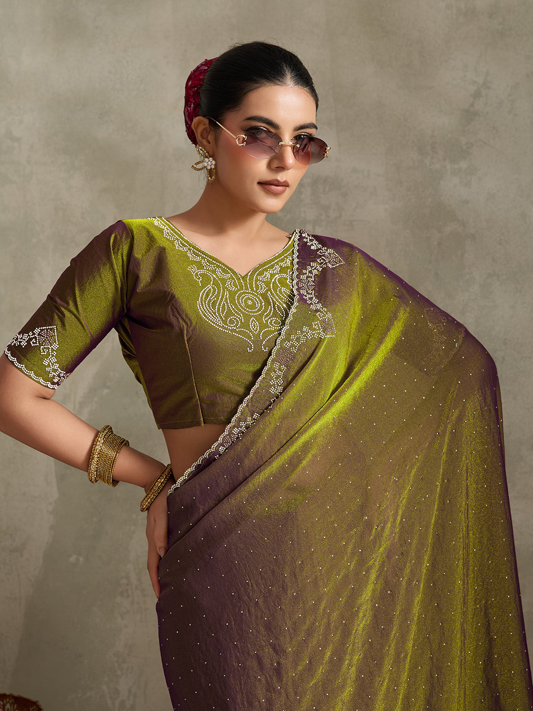 ENCHANTED CHARTREUSE & GRAPE DUAL-TONE SAREE