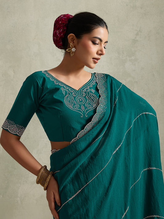 MAJESTIC EMERALD TEAL SCALLOPED SAREE