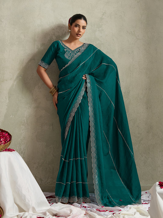 MAJESTIC EMERALD TEAL SCALLOPED SAREE