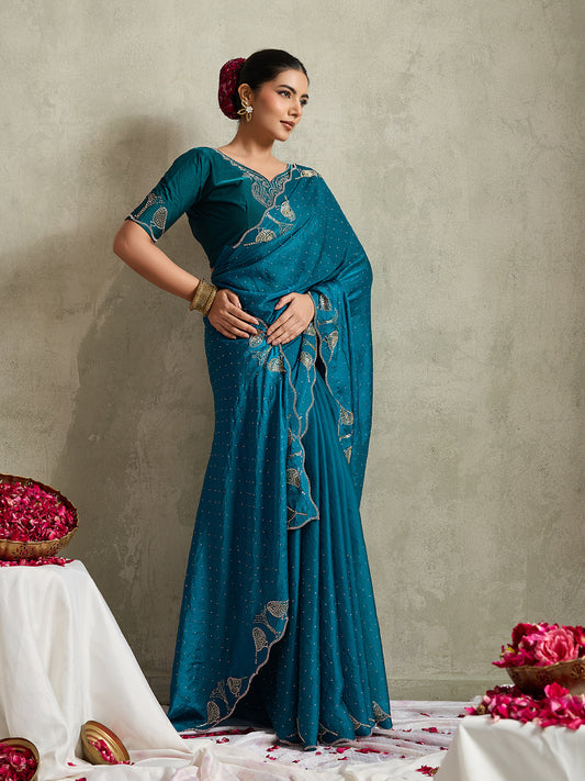SAPPHIRE TEAL SCALLOPED SAREE