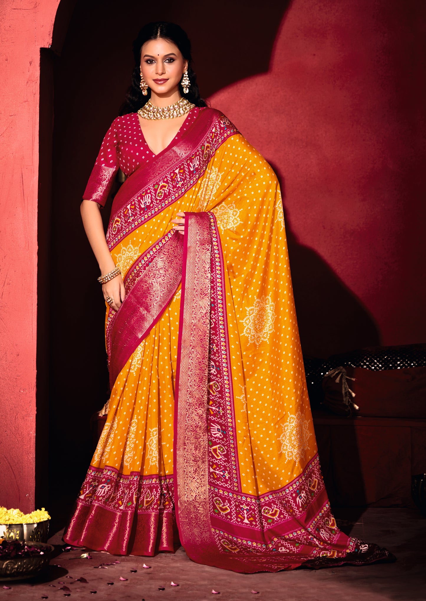 MUSTARD & MAROON BANDHANI SILK SAREE