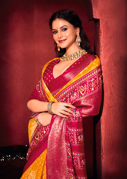 MUSTARD & MAROON BANDHANI SILK SAREE