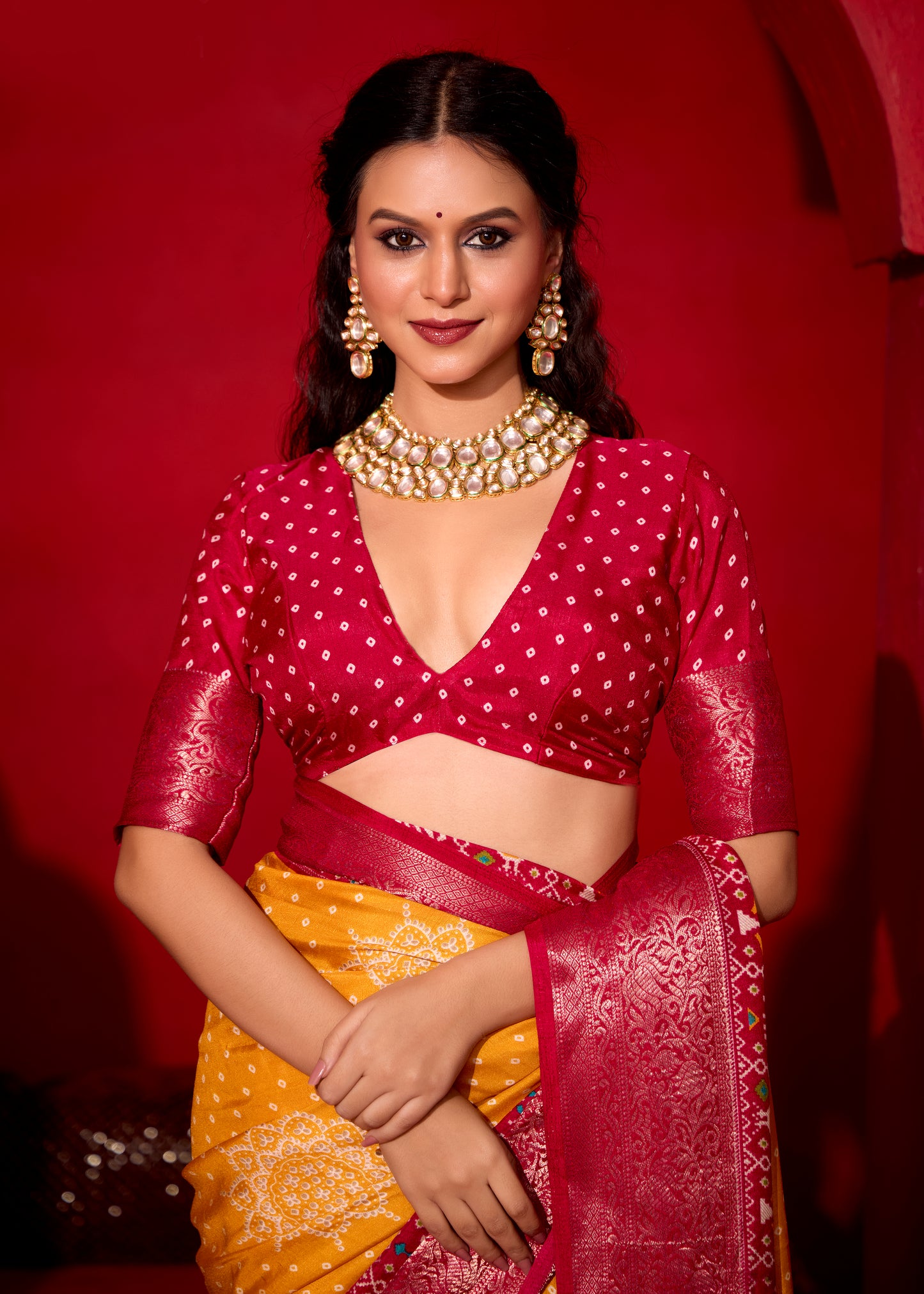 MUSTARD & MAROON BANDHANI SILK SAREE