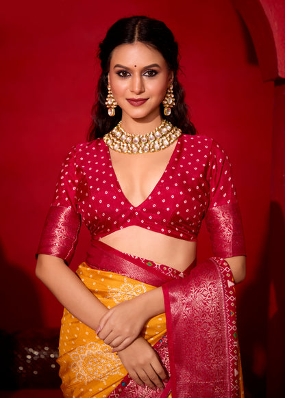 MUSTARD & MAROON BANDHANI SILK SAREE