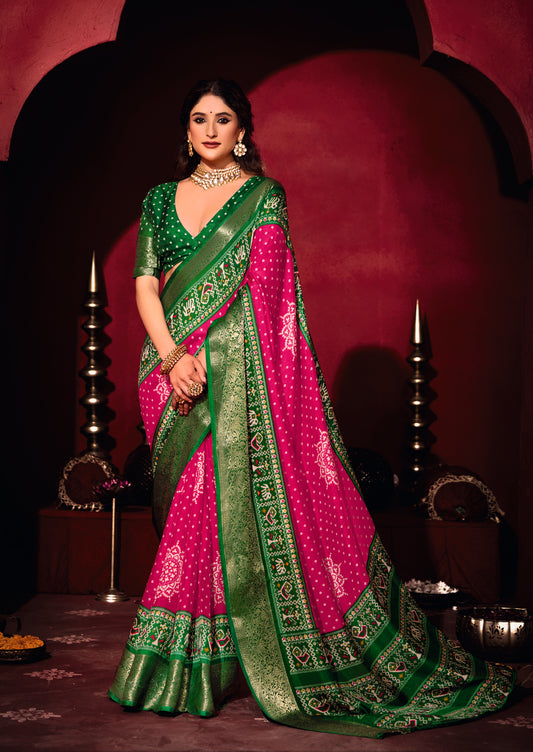 RANI PINK & EMERALD BANDHANI SILK SAREE