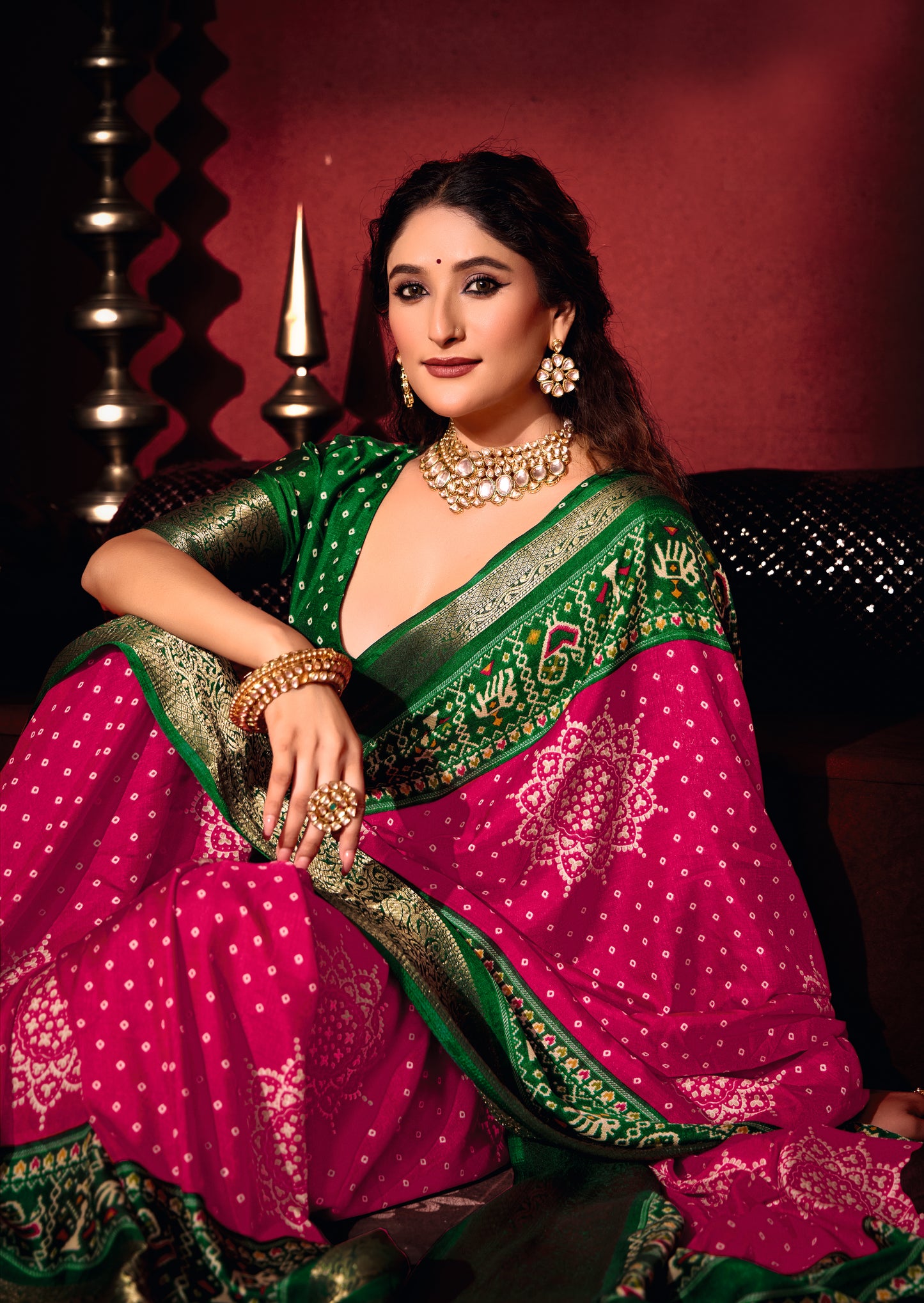 RANI PINK & EMERALD BANDHANI SILK SAREE