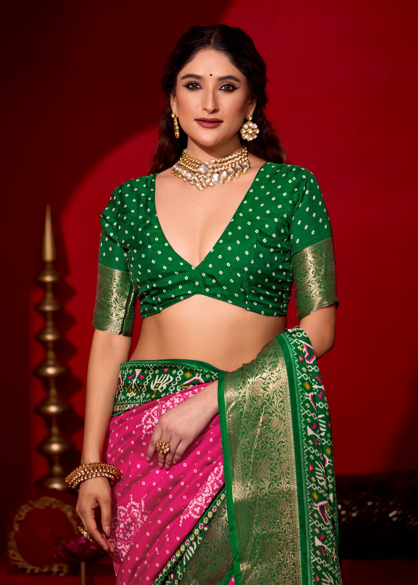 RANI PINK & EMERALD BANDHANI SILK SAREE