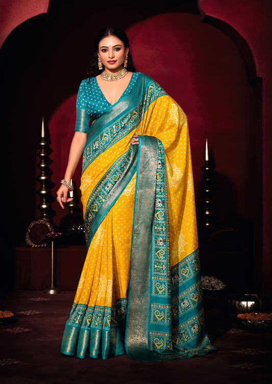 YELLOW & TURQUOISE BANDHANI SILK SAREE