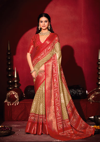 BEIGE & CRIMSON BANDHANI SILK SAREE