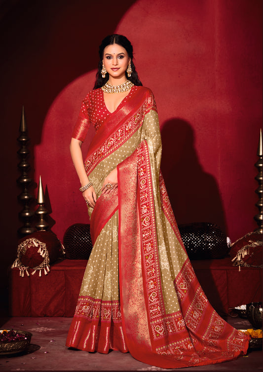 BEIGE & CRIMSON BANDHANI SILK SAREE