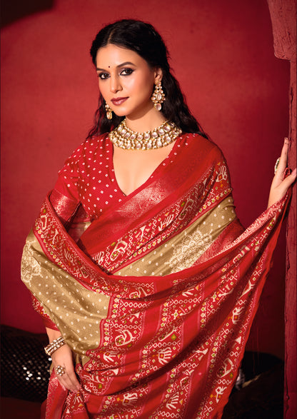 BEIGE & CRIMSON BANDHANI SILK SAREE