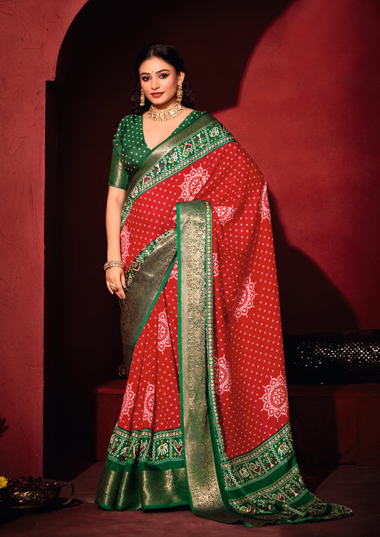 CRIMSON & EMERALD BANDHANI SILK SAREE