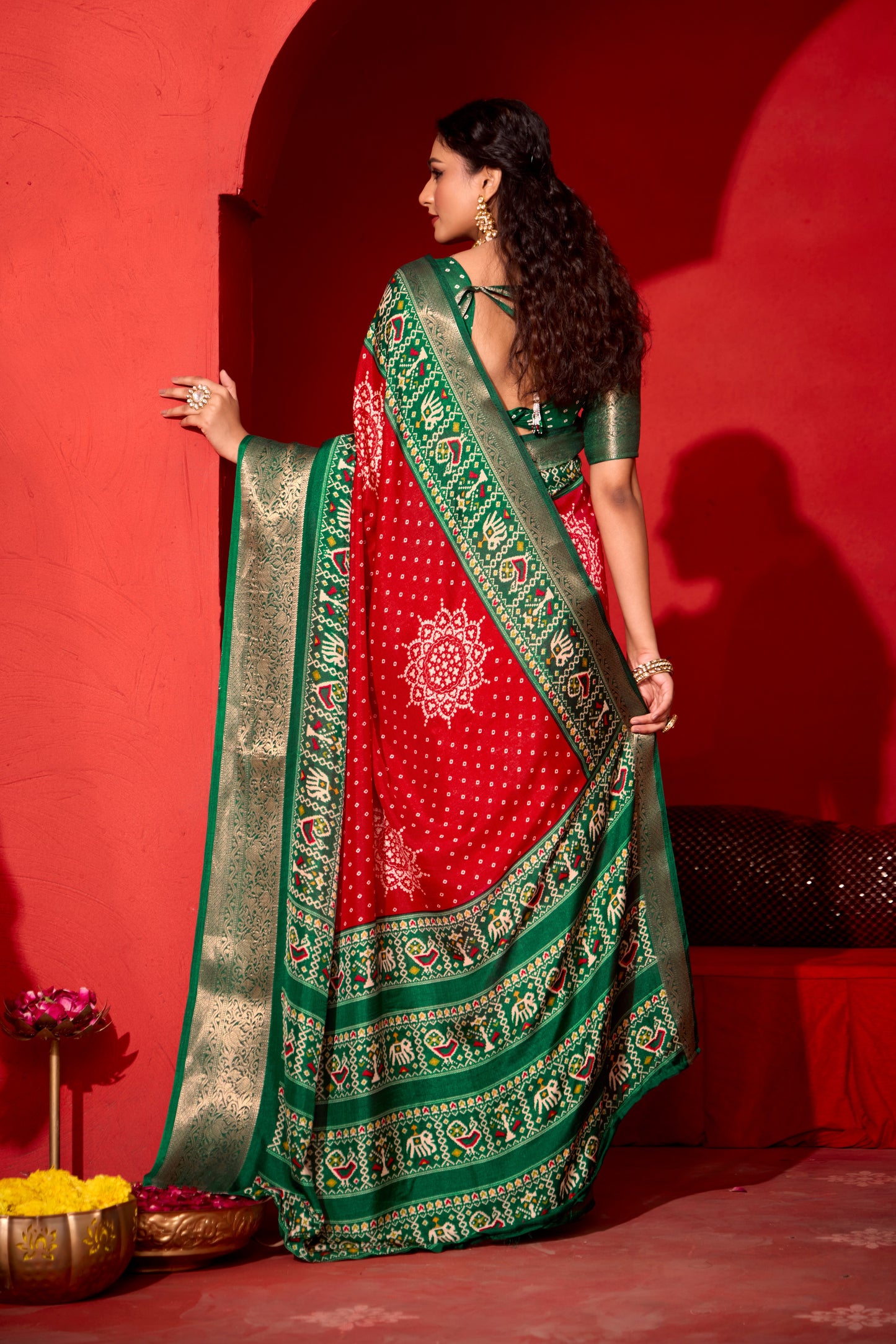 CRIMSON & EMERALD BANDHANI SILK SAREE