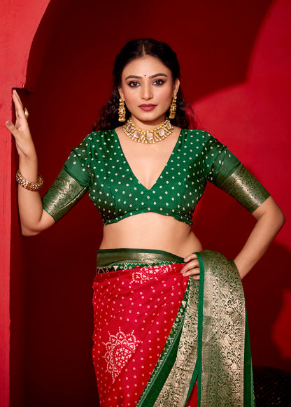 CRIMSON & EMERALD BANDHANI SILK SAREE