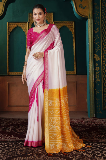 PEARL WHITE & MUSTARD BANDHANI SILK SAREE