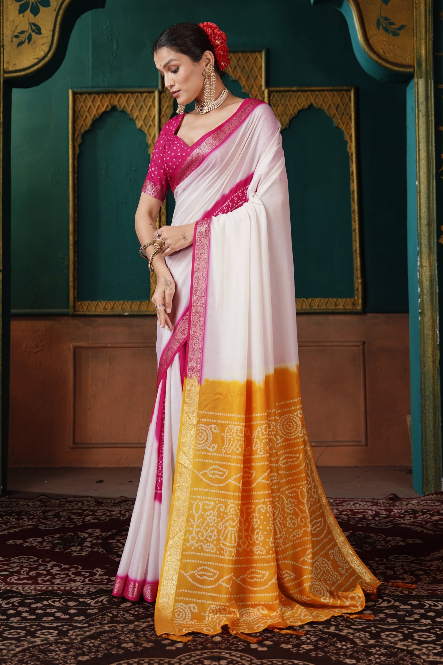 PEARL WHITE & MUSTARD BANDHANI SILK SAREE