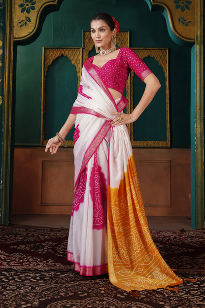 PEARL WHITE & MUSTARD BANDHANI SILK SAREE