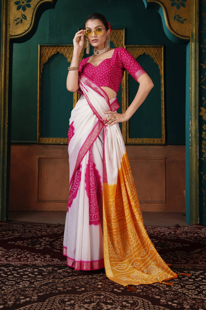 PEARL WHITE & MUSTARD BANDHANI SILK SAREE