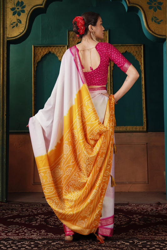 PEARL WHITE & MUSTARD BANDHANI SILK SAREE