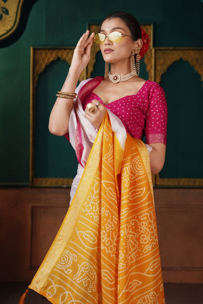 PEARL WHITE & MUSTARD BANDHANI SILK SAREE