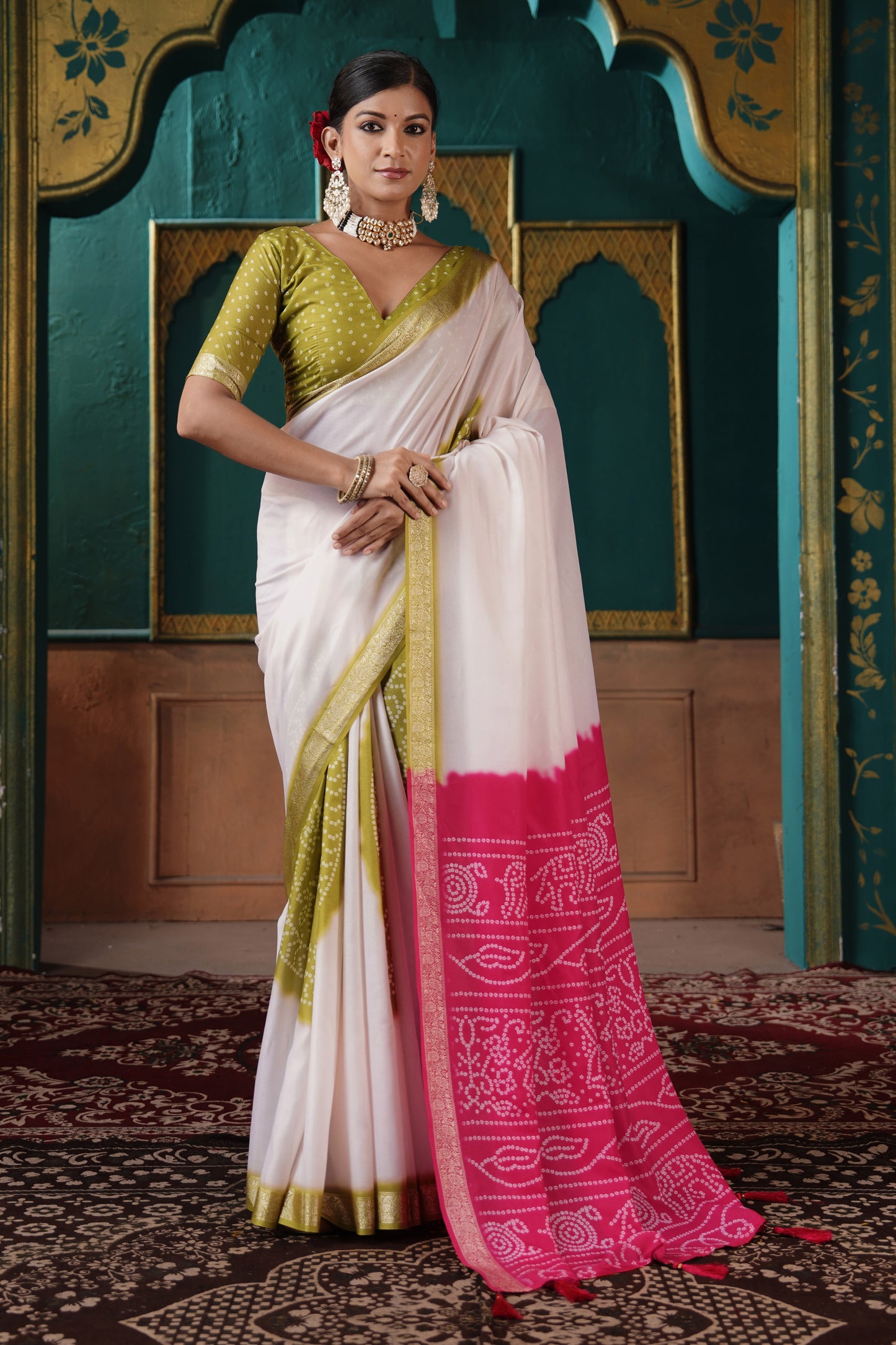 PEARL WHITE & OLIVE BANDHANI SILK SAREE