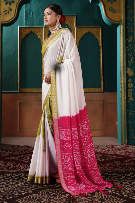 PEARL WHITE & OLIVE BANDHANI SILK SAREE