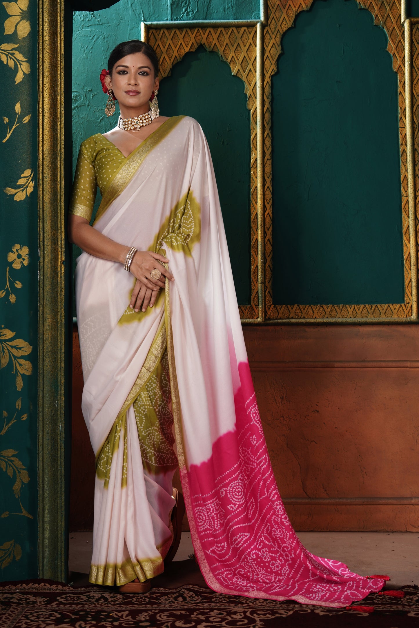 PEARL WHITE & OLIVE BANDHANI SILK SAREE
