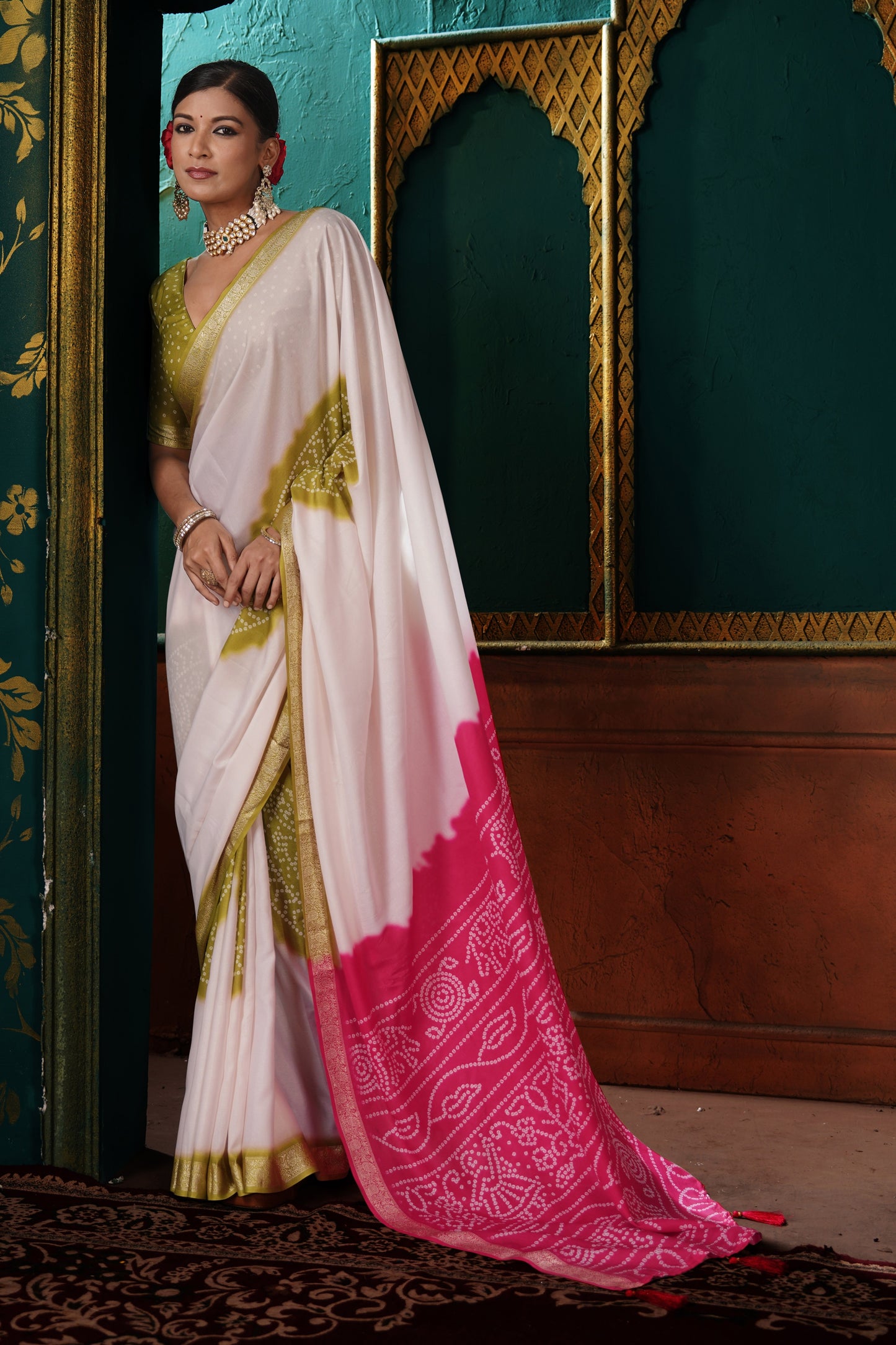 PEARL WHITE & OLIVE BANDHANI SILK SAREE