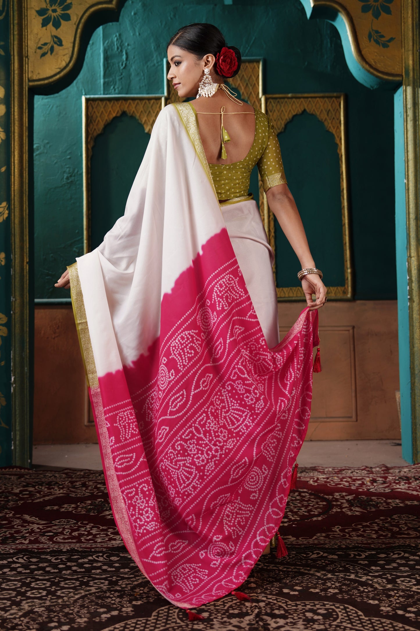 PEARL WHITE & OLIVE BANDHANI SILK SAREE