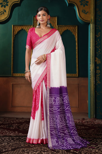 PEARL WHITE & ROYAL PURPLE BANDHANI SILK SAREE