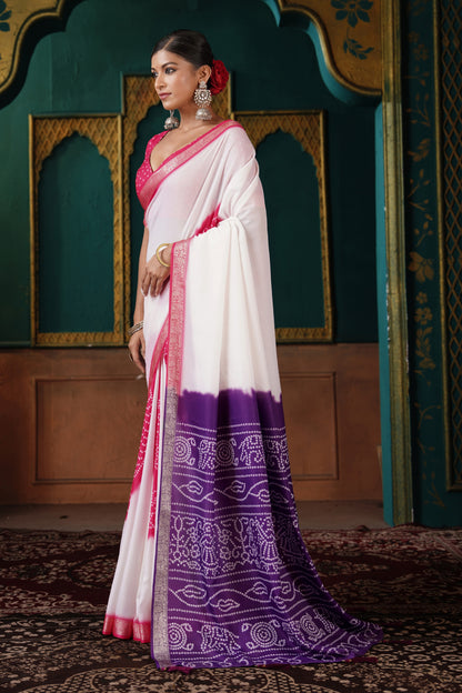 PEARL WHITE & ROYAL PURPLE BANDHANI SILK SAREE