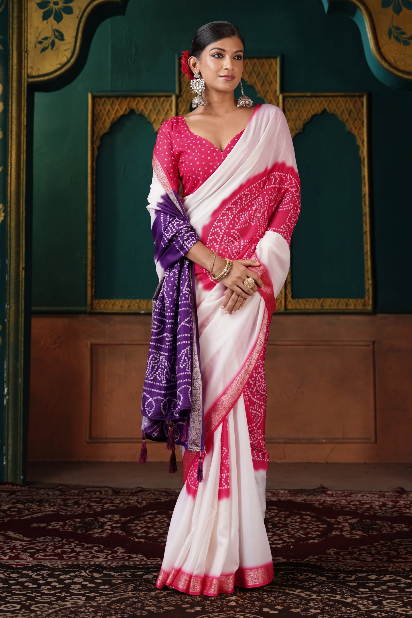 PEARL WHITE & ROYAL PURPLE BANDHANI SILK SAREE