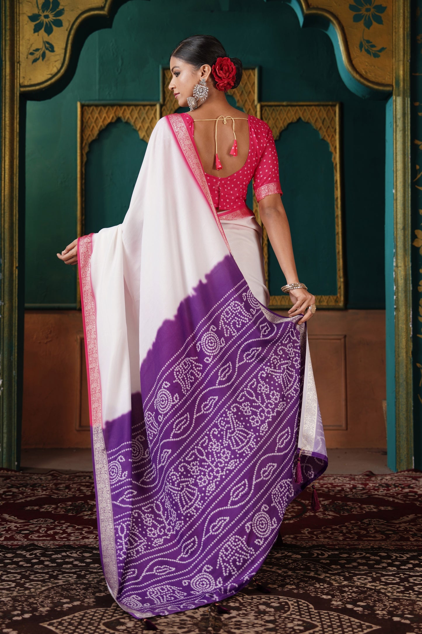 PEARL WHITE & ROYAL PURPLE BANDHANI SILK SAREE