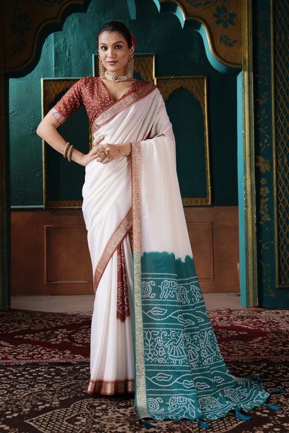 PEARL WHITE & TEAL BANDHANI SILK SAREE
