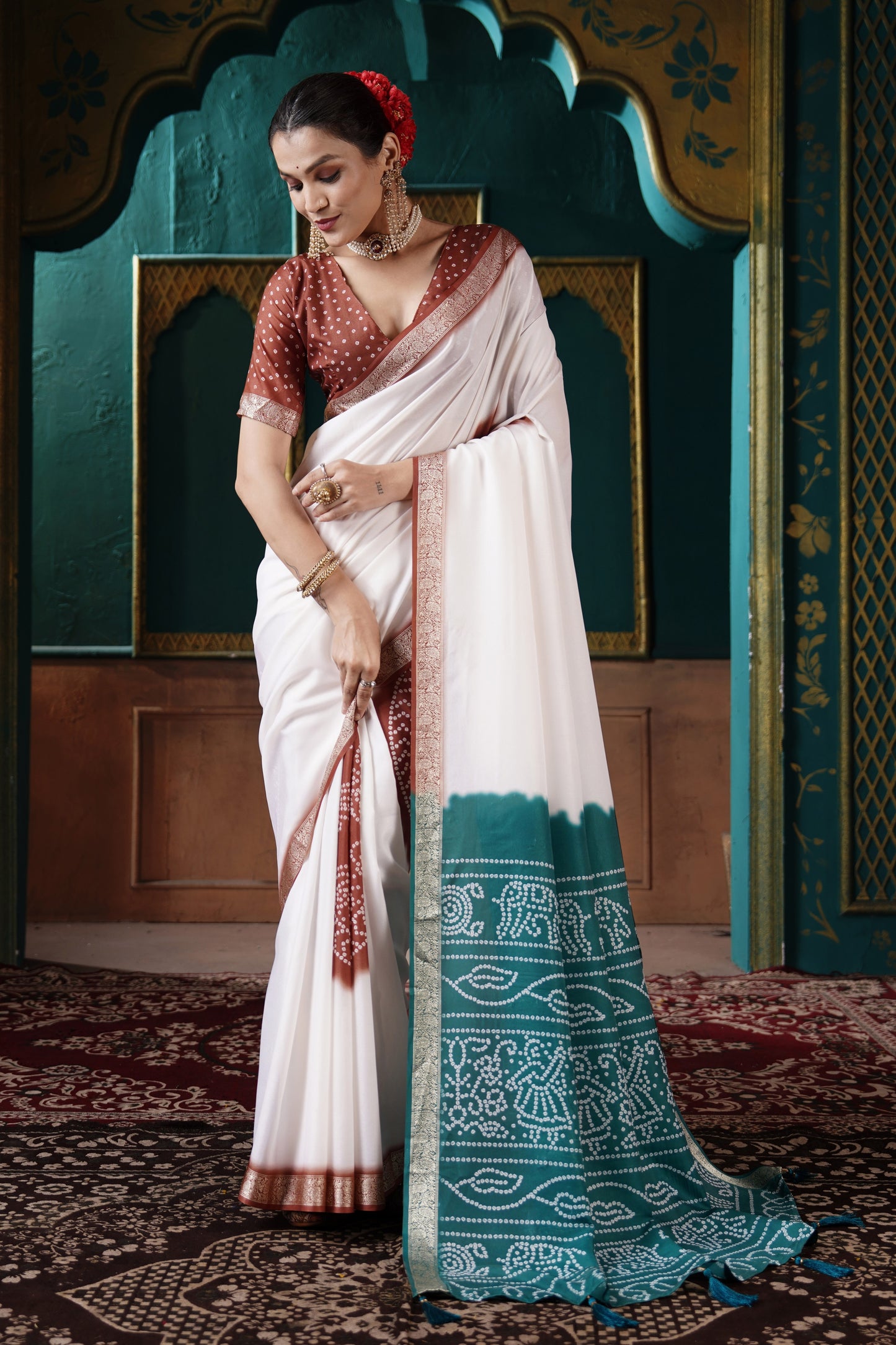 PEARL WHITE & TEAL BANDHANI SILK SAREE