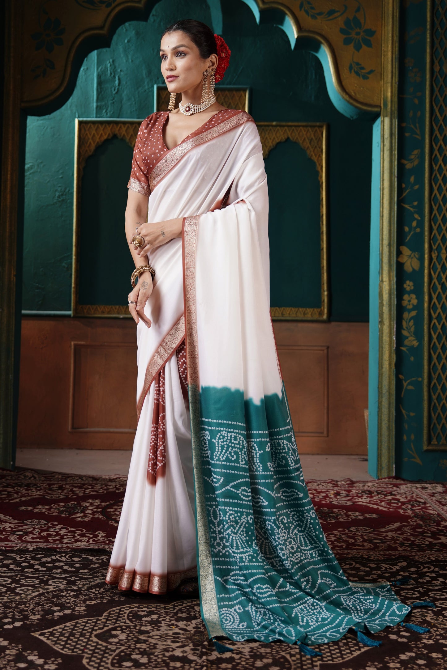 PEARL WHITE & TEAL BANDHANI SILK SAREE