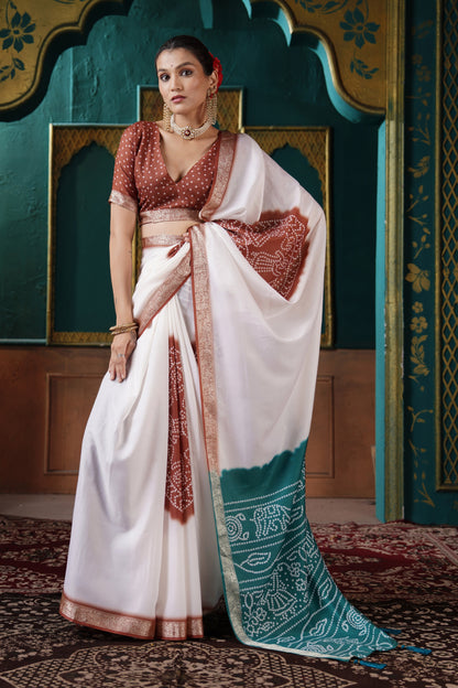 PEARL WHITE & TEAL BANDHANI SILK SAREE