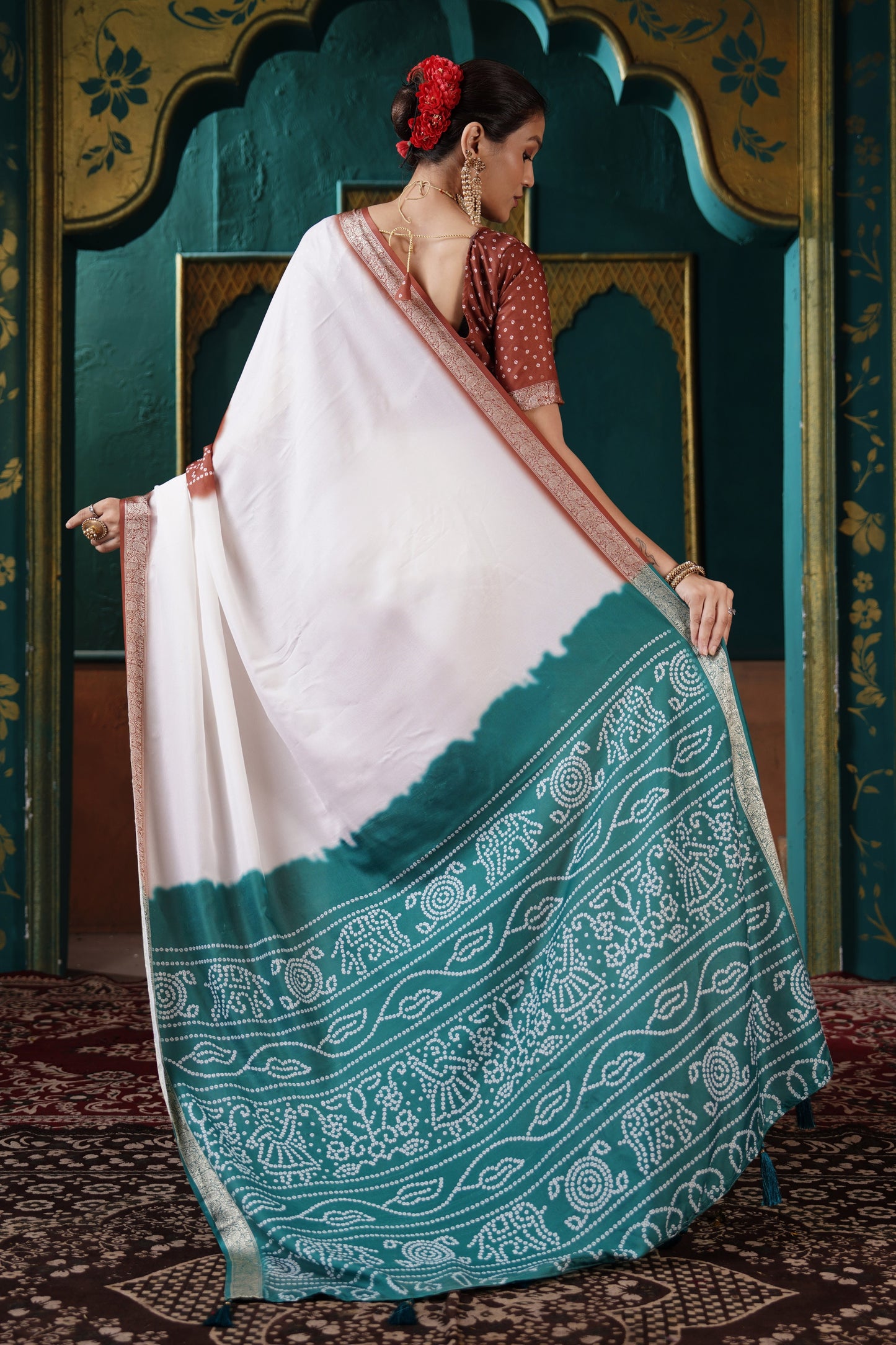 PEARL WHITE & TEAL BANDHANI SILK SAREE